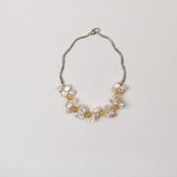 White Keishi Pearl Brazil Gold Crystal Ball w Silver Tube Necklace
