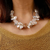 White Keishi Pear Crystal Cube w Silver Tube Necklace