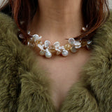 White Keishi Pearl Brazil Gold Crystal Ball w Silver Tube Necklace