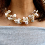 White Keishi Pearl Brazil Gold Crystal Ball w Silver Tube Necklace