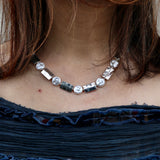 White Coin Pearl w Silver Rectangle Necklace