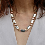 Beige Coin w Silver Rectangle Necklace