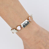 Beige Coin pearl w Silver Rectangle Bracelet
