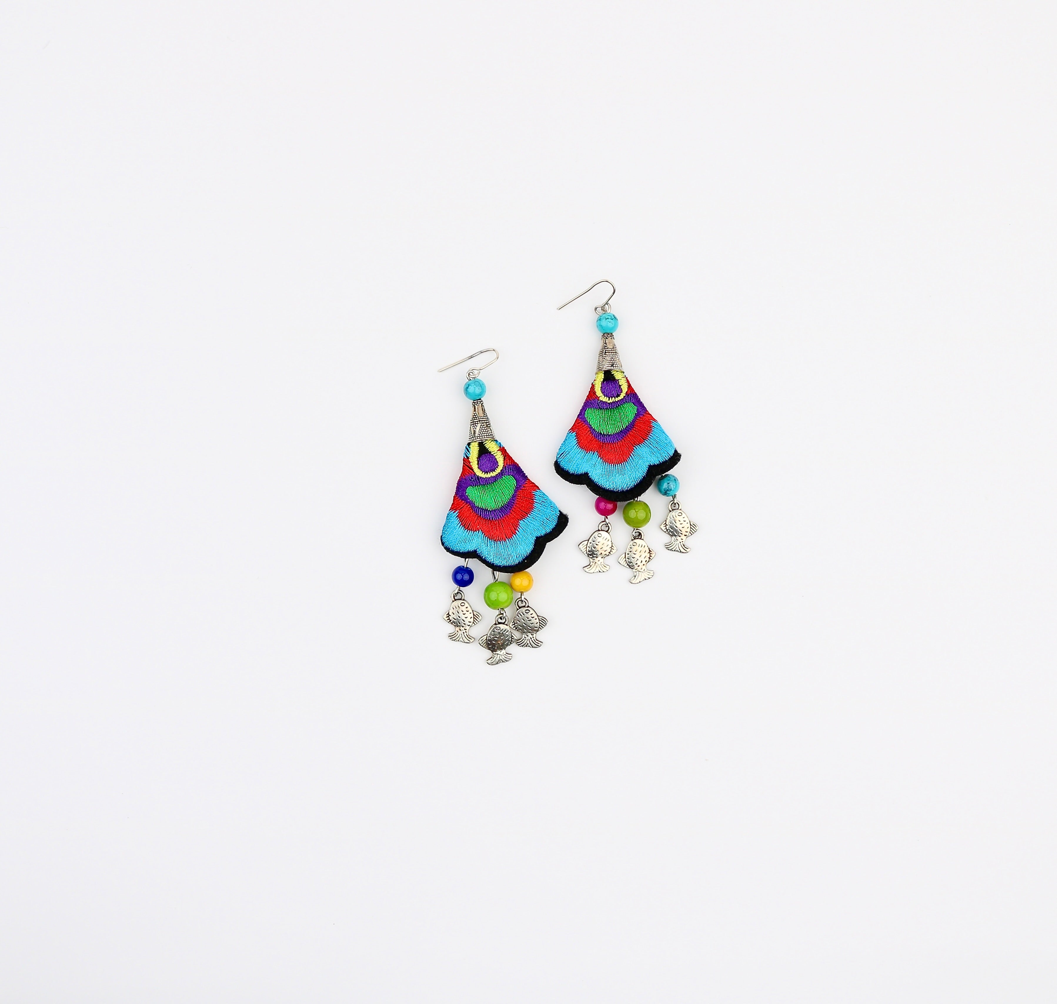 Miao Fiber Embroidered Fishes Drapes Earring