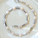 White Coin Pearl w Silver Rectangle Necklace
